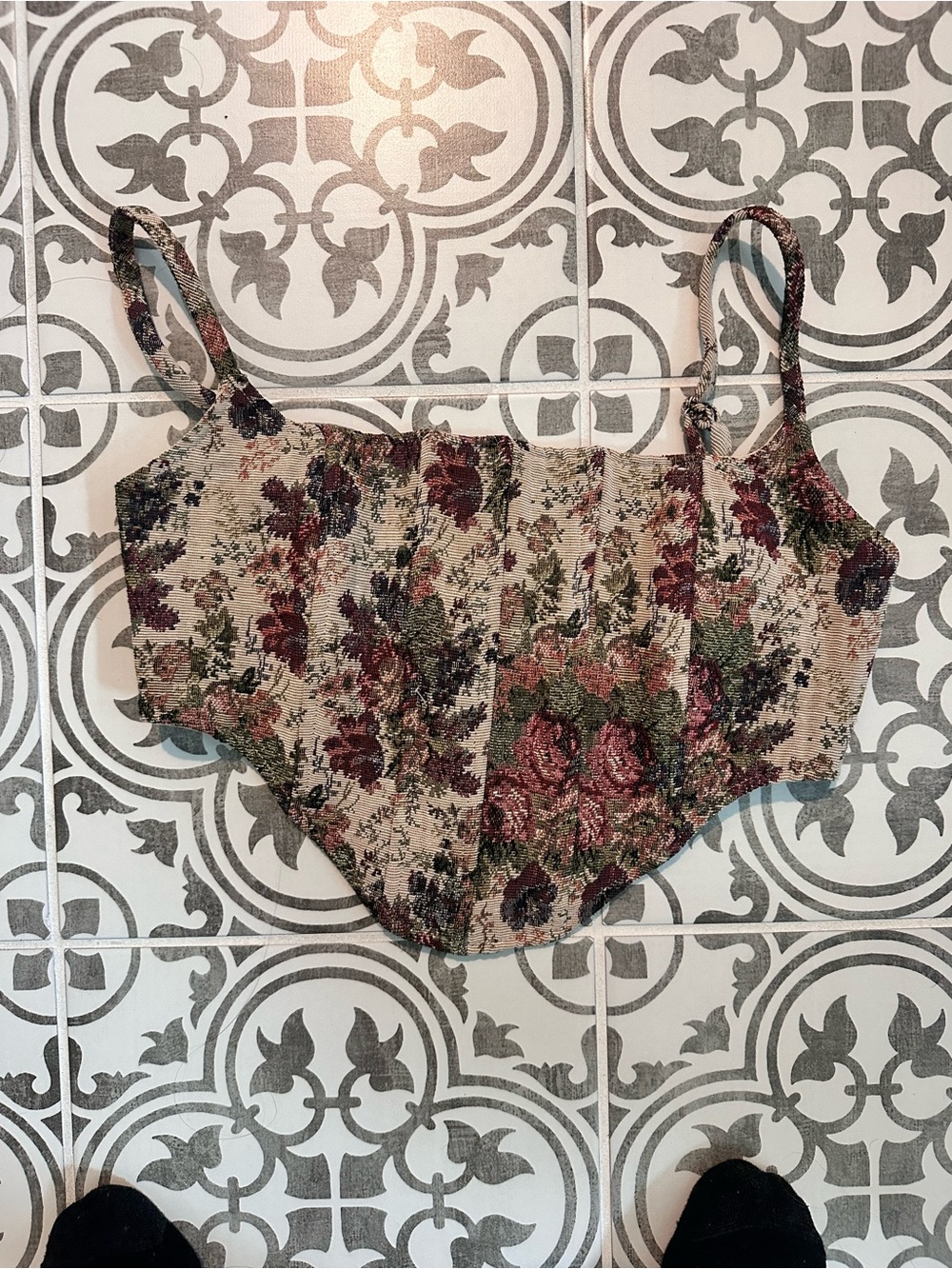 Floral Tapestry Crop Tank Top - Beige Multi